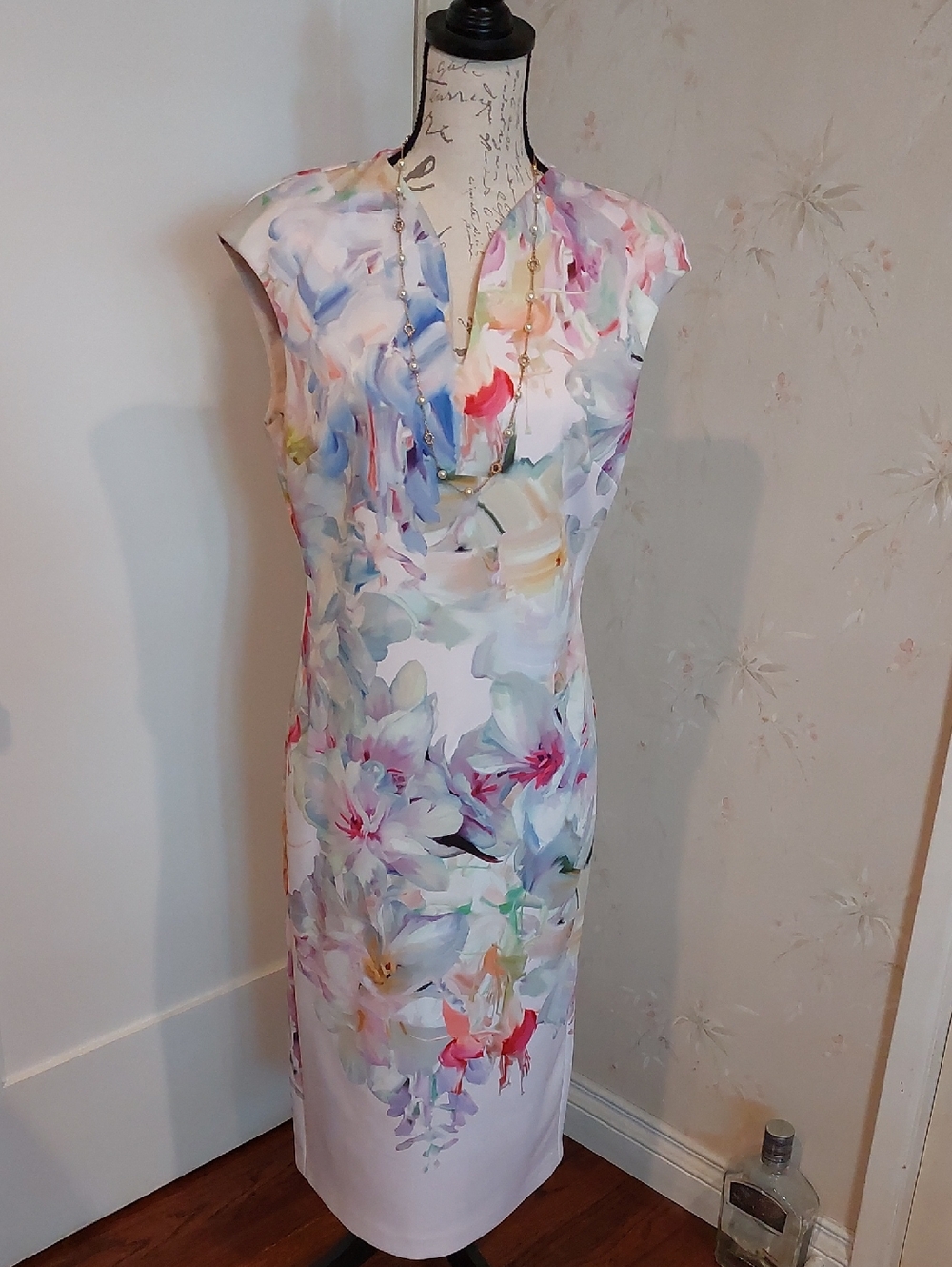 Ted Baker London White Floral Midi Dress with Multicolor Watercolor Blooms